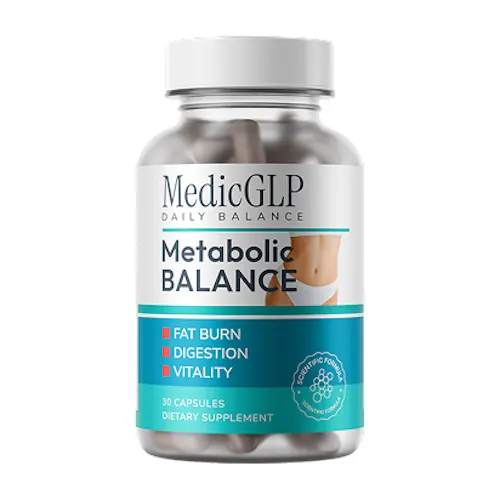 Bottle of MedicGLP food supplement capsules